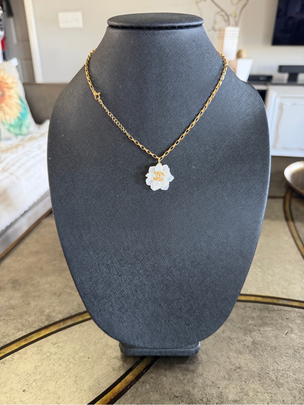 White Lucite Carnelian Rose Fashion Necklace with Chanel Vibes